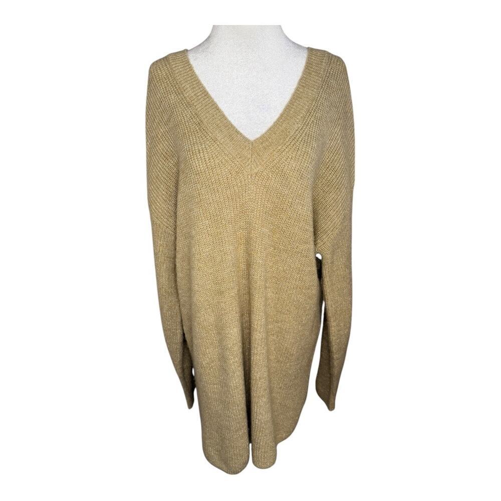 Halogen Women's V-Neck Gold Shimmer Pullover Sweater Size Small Extra Long NWOT